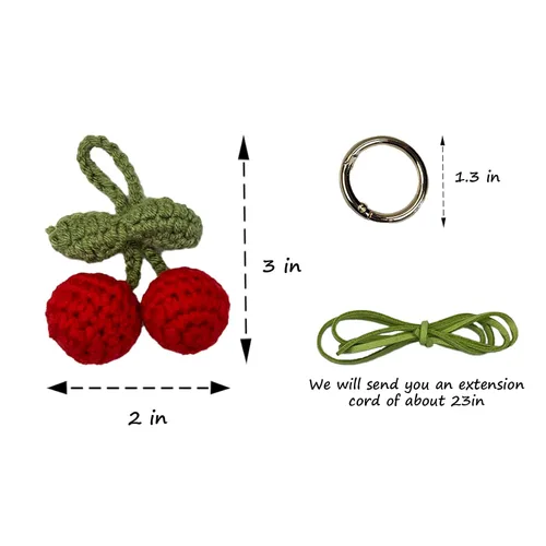 Vista 3 de 2 Pieces Handmade Cherry Decor Car Mirror Hanging Accessories Cherry Keychain Adorable Cherries Lover