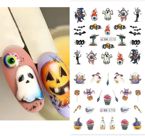 Vista 4 de Calcomanías de arte de uñas de Halloween, calcomanías de transferencia de agua, calcomanías de uñas de Halloween, calcomanías de dibujos animados