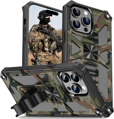 Vista 19 de CCSmall Funda de camuflaje para Apple iPhone 14 para hombres, protección resistente a prueba de golpes con función atril para iPhone 14 MC verde