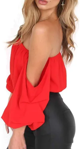 Vista 4 de Haola Blusa de gasa con hombros descubiertos para mujer, sexy, de manga larga, holgada, sin tirantes, color liso, casual