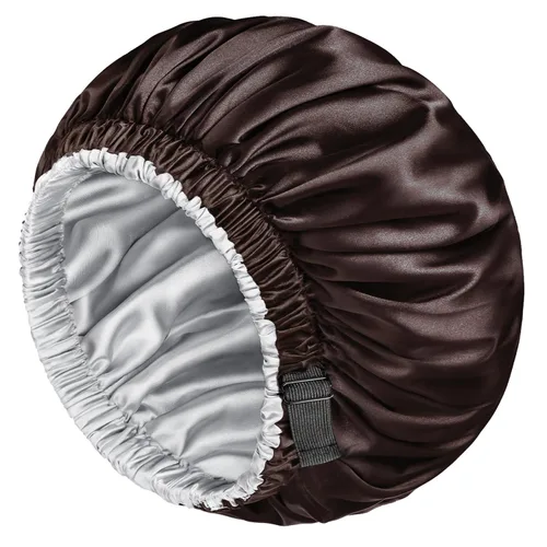 Vista 8 de mikimini Gorro de satén para hombres y mujeres, gorro de dormir reversible de doble capa para trenzas de cabello con banda elástica ajustable