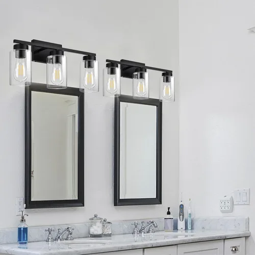 Vista 8 de Lámpara de tocador de baño de 3 luces, modernas luces de pared negras con pantallas de vidrio transparente, lámpara de pared de baño para espejo 3