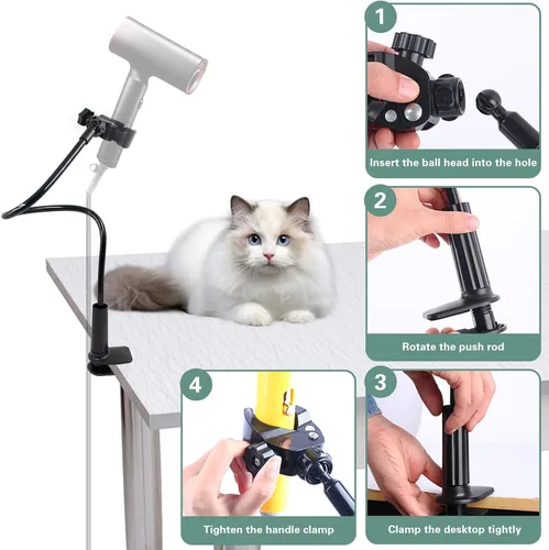 Vista 3 de Soporte para secador de pelo para perros, secador de pelo perezoso ajustable de Soporte manos libres con abrazadera giratoria de 360° para aseo