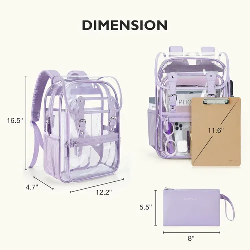 Vista 6 de mommore Mochila transparente resistente de PVC grueso con bolsa para lápices, 2 compartimentos, mochila transparente