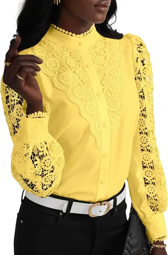 Vista 19 de Rooscier Blusa Elegante de Encaje de Crochet con Cuello Alto Simulado de Manga Larga con Botones para Mujer Top