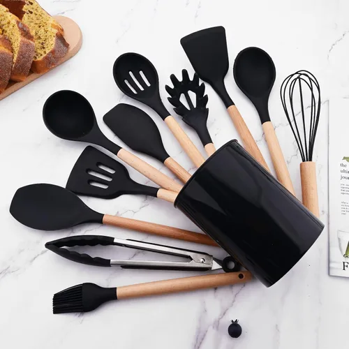 Vista 3 de 1 cucharón de silicona negra para sopa profunda, resistente al calor, cuchara de goma antiadherente grande con mango de madera para cocinar 1