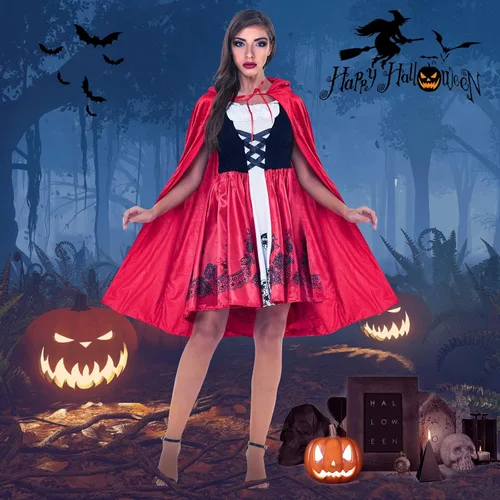 Vista 8 de Disfraz de capucha roja para mujer, bata de Halloween, capa de longitud completa con capucha para cosplay