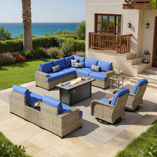 Vista 52 de HOOOWOOO Juego de muebles seccionales de patio con mesa de luz solar, 6 piezas de mimbre para exteriores, sofá en forma de L, juego de conversación