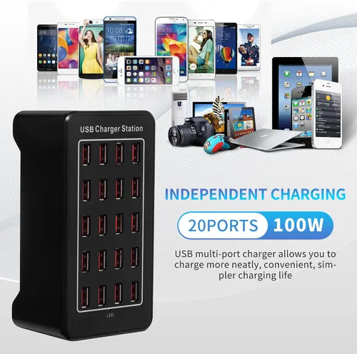 Vista 4 de Estación de carga USB de escritorio de 20 puertos - Cargador inteligente multifunción de 100 W para teléfonos inteligentes, tabletas y más
