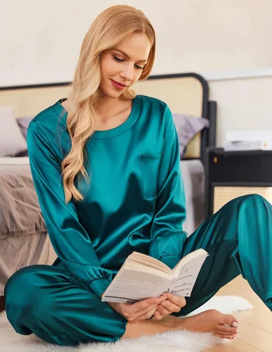 Vista 4 de Ekouaer Conjunto de pijama sedoso de satén para mujer, camiseta de manga larga con pantalón largo de pijama, pijama suave