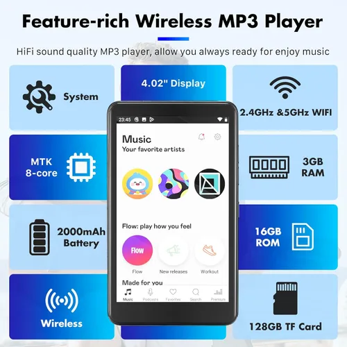 Vista 6 de Reproductor MP3 inteligente de 80 GB con Bluetooth y WiFi, pantalla táctil KeenPlus MP4 de 4.0 pulgadas y Android 13 compatible con las últimas