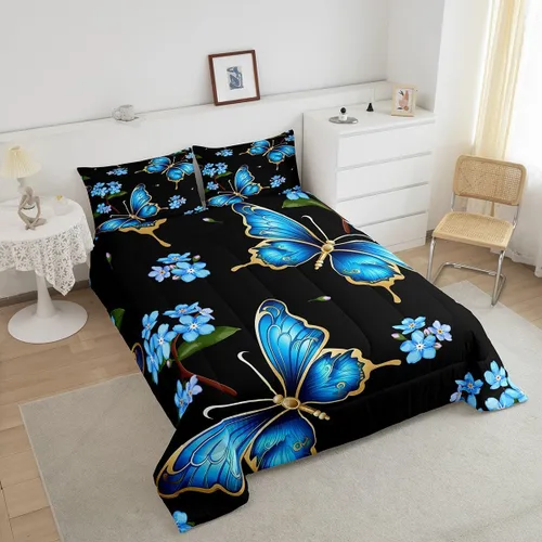 Vista 3 de Erosebridal Juego de edredón de mariposa tamaño individual, diseño de flores azules, acuarela, mariposa, floral, para niños, niñas, jóvenes