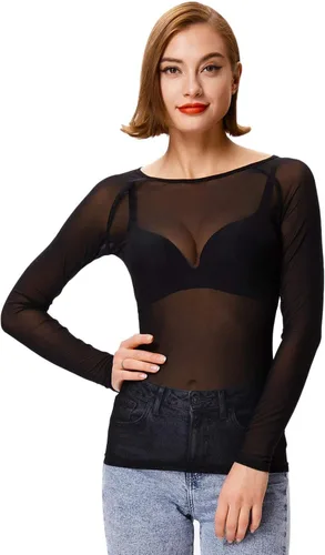 Vista 3 de Tops básicos de malla transparente de manga larga para mujer