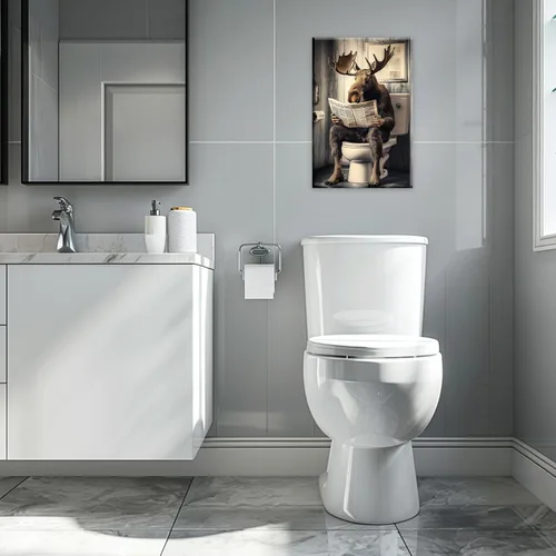 Vista 9 de GLOKAKA Lienzo decorativo para baño, diseño divertido de alpaca sentado en el inodoro, leyendo periódico, arte de pared, humor, granja, animal, arte