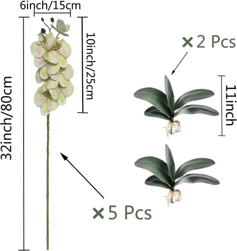 Vista 2 de HinyoCo 5 piezas de orquídeas artificiales y 2 paquetes de hojas, flores artificiales de Phalaenopsis de 32 pulgadas para decoración del hogar