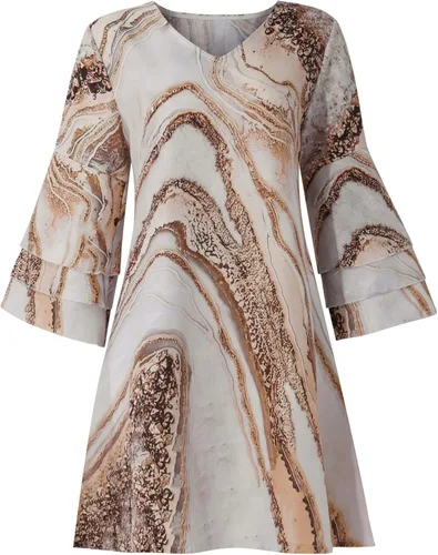 Vista 3 de Vestidos de verano para mujer 2022, bohemio, floral, 34 escalonadas, manga acampanada, cuello en V, estampado de mármol, mini vestido casual suelto