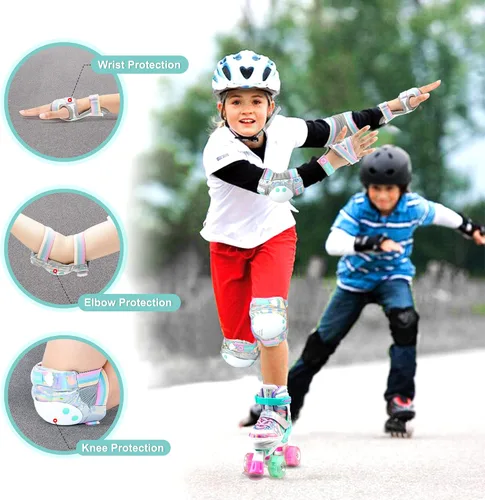 Vista 3 de SULIFEEL Patines de unicornio arcoíris para niños con equipo de protección ajustable, brillante, mediano