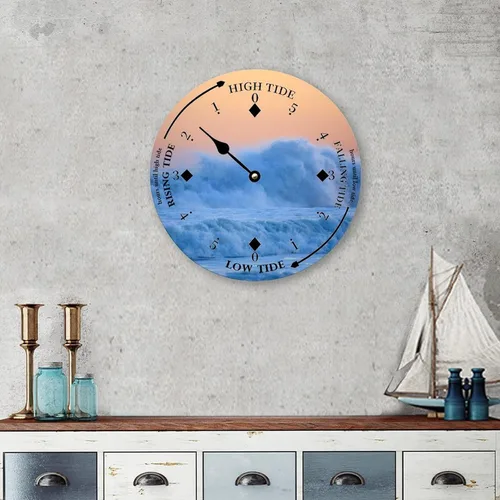 Vista 4 de Reloj de marea con marea alta y baja, la pared del océano Pacífico, reloj de marea de madera, luna, hora del océano, reloj costero, reloj