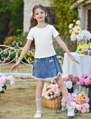 Vista 2 de Arshiner Camisas de manga corta con ribete de lechuga para niñas, camisetas de verano acanaladas con cuello redondo Blanco