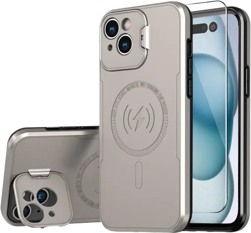 Vista 9 de Funda para iPhone 15 Plus compatible con MagSafe Charger plegable, soporte protector de cámara, superficie brillante brillante de doble capa