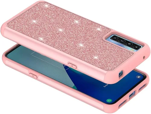 Vista 4 de Funda diseñada para TCL 20S con purpurina con vidrio templado, absorción de golpes, antiarañazos, resistente, duradera, protección contra caídas Oro