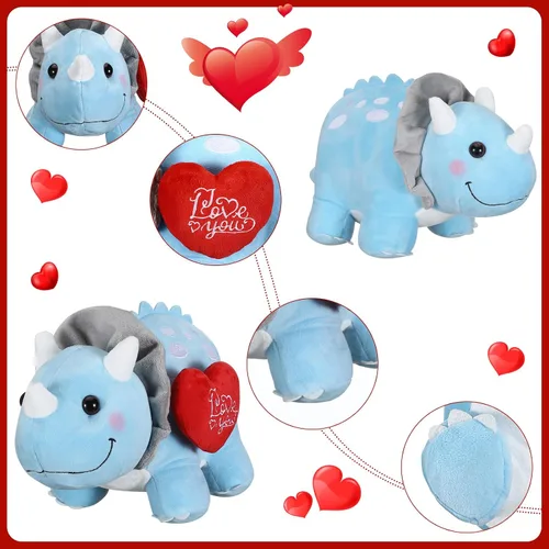 Vista 4 de Syhood Dinosaurio de peluche Love You de 12 pulgadas con corazón rojo, lindos animales de peluche para novia, juguetes de peluche de dinosaurio azul