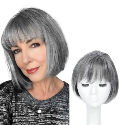 Vista 4 de Peluca de cabello sintético lacio y corto de 10 pulgadas con flequillo para mujer, cabello fino (negro)