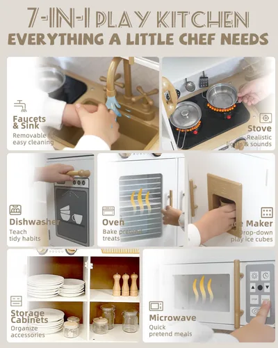 Vista 3 de YUG Set de Cocina de Juguete para Niños con Luces y Sonidos Reales, Juego de Cocina para Niños Pequeños que Incluye Estufa, Horno, Lavavajillas