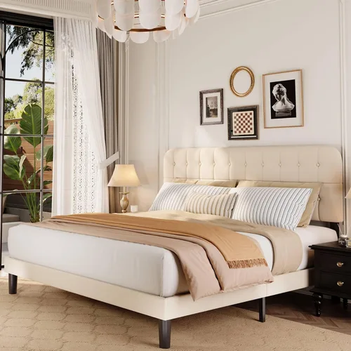 Vista 12 de Gizoon Base de cama Queen con cabecero, cama de plataforma tapizada con listones de madera resistentes, sin ruido, no necesita somier, fácil