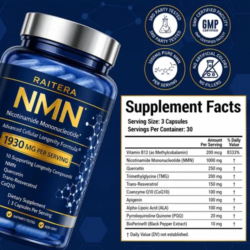 Vista 5 de Suplemento NMN de 1000 mg – 10 en 1 avanzado apoyo NAD+ con quercetina, TMG, resveratrol, ALA, CoQ10 y apigenina – Alternativa NMNH para mujeres