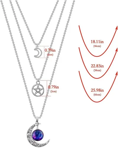 Vista 5 de MJartoria Collar de pentagrama de luna, collar de chakra de cristal, colgante, con dije, cadena de aleación multicapa, conjunto de gargantilla