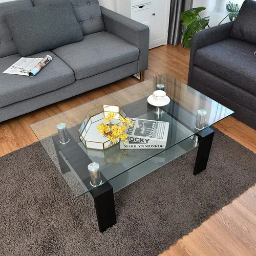 Vista 2 de Mesa de centro rectangular de vidrio de 39.4 pulgadas, mesa de centro negra con vidrio templado y patas de metal, mesa central moderna de 2 niveles