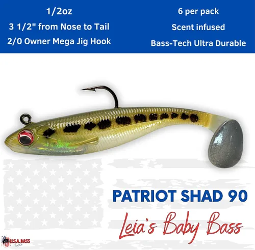 Vista 2 de USA Bass Tackle Patriot Shad - Swimbaits de Cola de Paleta con Aroma Infundido, Señuelos de Pesca Pre-Aparejados, Carnada Premium con Anzuelo Owner