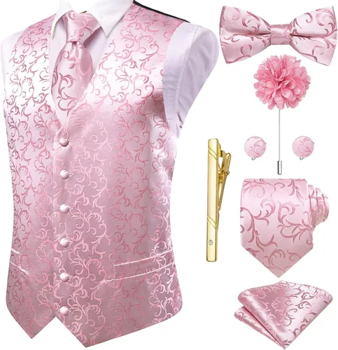 Vista 44 de Hi-Tie Chaleco de traje de seda para hombre, corbata y corbatín de solapa, clip de corbata dorado, chaleco floral de cachemira, 8 piezas, conjunto