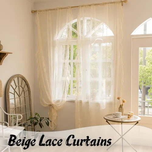 Vista 6 de Sutuo Home Juego de 2 cortinas de encaje beige, paneles transparentes de 63 pulgadas de largo, bordado floral de rosas, tratamiento de ventana