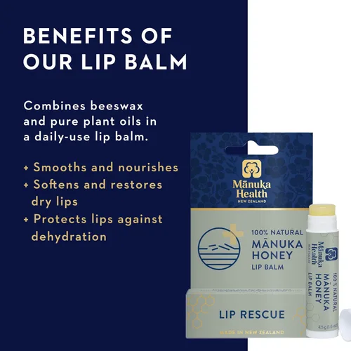 Vista 3 de Manuka Health Lip Rescue - Bálsamo labial de 0.16 onzas para labios secos y agrietados, bálsamo labial 100% natural con miel de manuka y cera