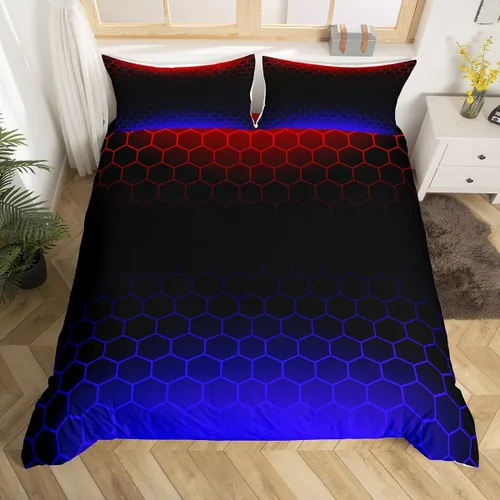 Vista 22 de Juego de ropa de cama geométrica de panal verde y azul, funda de edredón hexagonal estereoscópica para niños y niñas, funda de edredón hexagonal