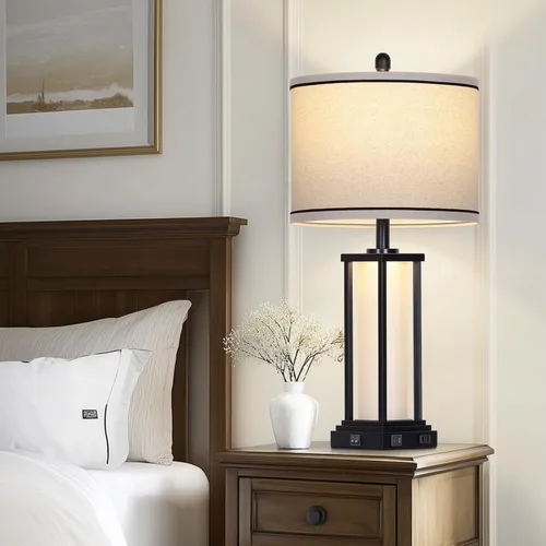Vista 6 de 27in Tall Farmhouse Table Lamp with USB C+A & Outlet,Black Industrial End Table Lamp for Living Room,Vintage Rustic Bedside Lamp with Night Light