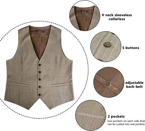 Vista 5 de Alizeal Chaleco de traje de negocios a rayas para hombre, vestido formal, chaleco de esmoquin