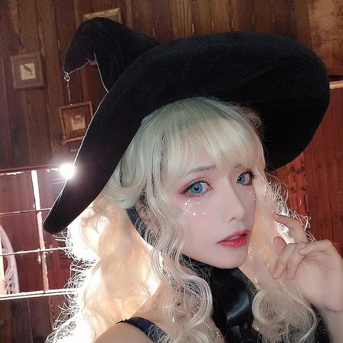 Vista 5 de Aetygh Sombrero de mago negro para mujeres y niñas, sombrero de bruja Lolita de Halloween con ala grande, sombrero de bruja, disfraz de fiesta