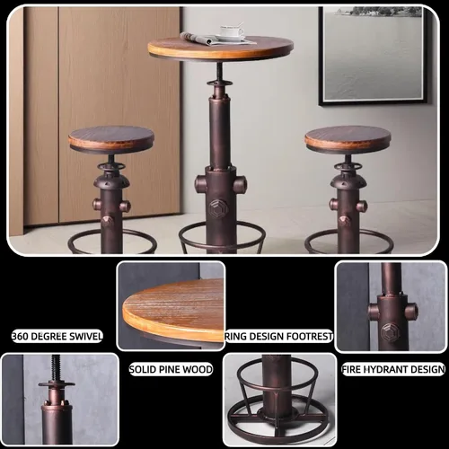 Vista 4 de Juego de mesa de bar con diseño vintage de boca de incendios con taburetes de bar, juego de mesa de comedor industrial de 3 piezas para cocina, casa