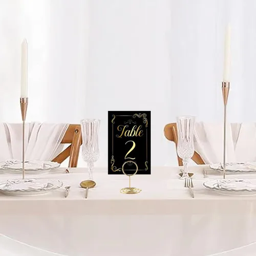 Vista 5 de 31 juegos de tarjetas de números de mesa con soportes, 1-30 elegantes tarjetas de asiento de mesa de color negro dorado, soporte de lugar de 2