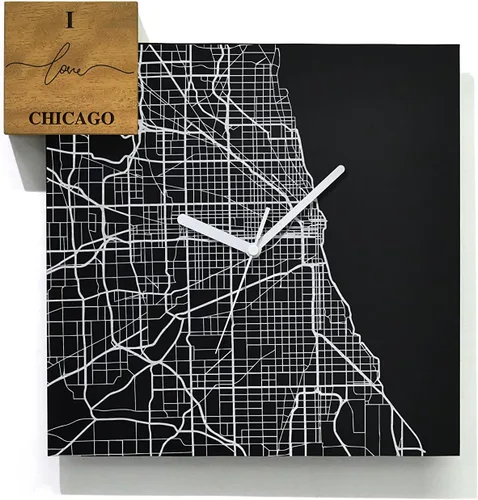 Vista 32 de Modern Wall Clock - Black Aluminum with Silver Fiber Laser Engraving - Square - Contemporary Design - Personalized City Map - Home Town - Location