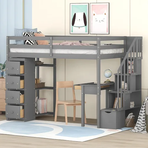 Vista 13 de Quarte Cama tipo loft única con cajones de almacenamiento y escaleras, cama alta de madera tamaño individual con estantes y barandillas, para niños