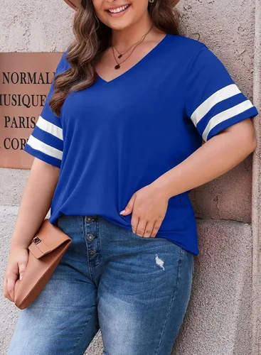 Vista 42 de Eytino Blusas de talla grande para mujer, cuello en V, manga corta, a rayas, casual, holgada, con bolsillo (1X-5X)