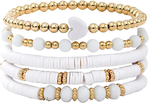Vista 12 de Caiyao Juego de pulseras apilables de arcilla con corazón multicapa de Bohemia, pulseras elásticas con cuentas doradas de arcilla Heishi para Verde