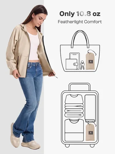 Vista 3 de Chaqueta ligera de lluvia para mujer, impermeable y transpirable, chaqueta con capucha plegable, cortavientos con capucha Beige