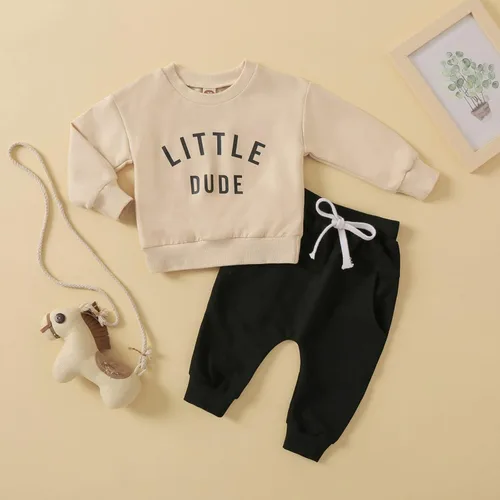 Vista 2 de wdehow Conjunto de 2 piezas para bebé niño pequeño, sudadera con estampado de letras + pantalones con cordón para otoño e invierno