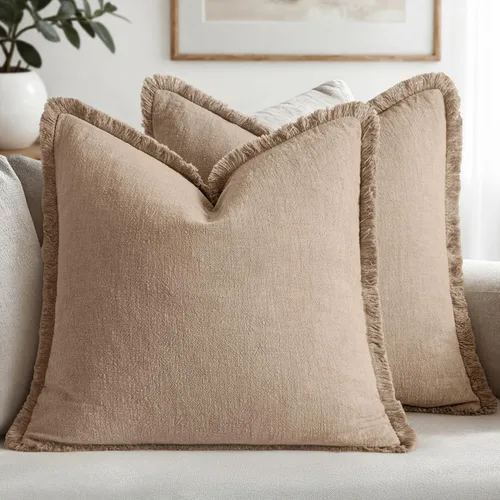 Vista 8 de MIULEE Juego de 2 fundas de almohada decorativas de lino neutro con flecos, fundas de cojín de estilo bohemio con borlas para sofá, cama, sala