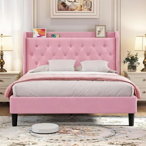 Vista 11 de koorlian Marco de cama tamaño matrimonial, Marco de cama tamaño matrimonial con cabecero, Marco de cama tapizado ajustable con puerto tipo C y USB